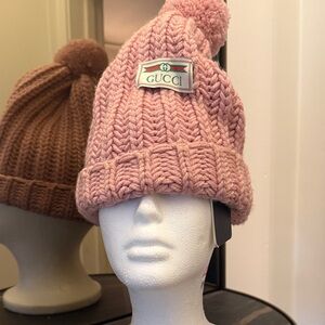 Gucci Blush Pink Cable Knit Pom-Pom Beanie with Logo Patch